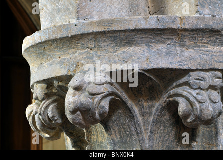 Carved capital in St. Lawrence`s Church, Mickleton, Gloucestershire, England, UK Stock Photo